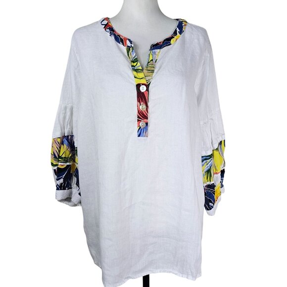 John Mark White Popover Linen Tunic 1X V-neck Blouson Sleeve Tropical Floral - Picture 1 of 12